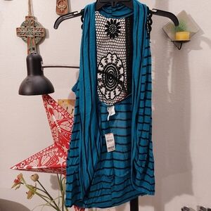 Y2K era sleeveless teal and black striped cardigan with black crochet applique
